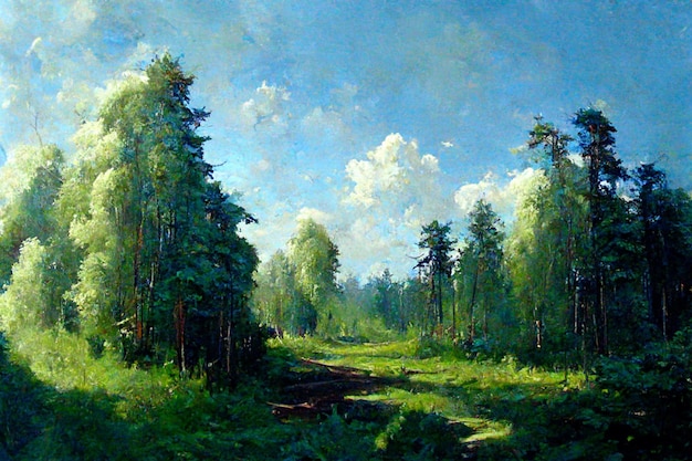 Peinture d'une scène forestière avec un chemin à travers les bois ai générative