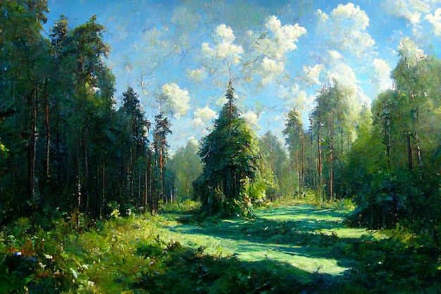 Peinture d'une scène forestière avec un chemin à travers les bois ai générative