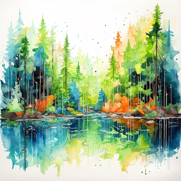 peinture d'une scène forestière colorée avec un lac et des arbres