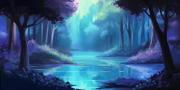 peinture d'une scène forestière avec une rivière et des arbres ai générative
