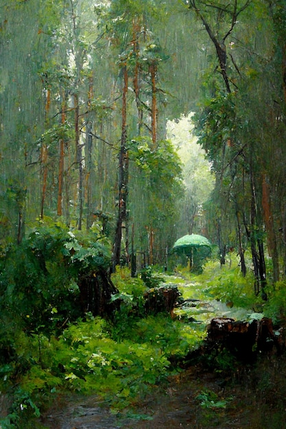 Peinture d'une scène de forêt avec un parapluie vert sous la pluie ai générative