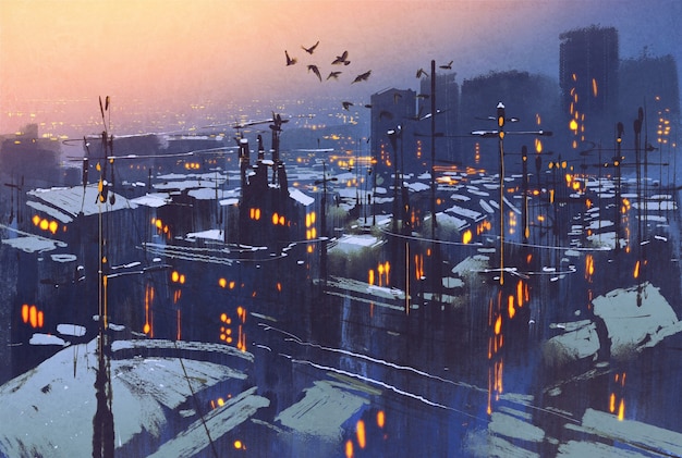 peinture d'une scène d'hiver enneigée de la ville, toits couverts de neige au coucher du soleil