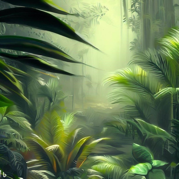 Une peinture d'une scène de jungle avec une plante verte et une plante à feuilles vertes