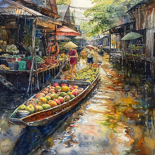 Photo peinture d'une scène d'un marché flottant