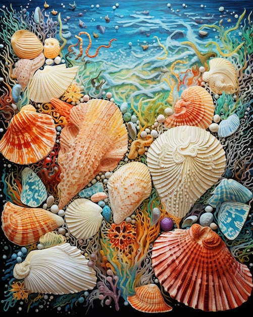 peinture d'une scène de mer avec des coquillages et des coraux sur fond noir ai générative