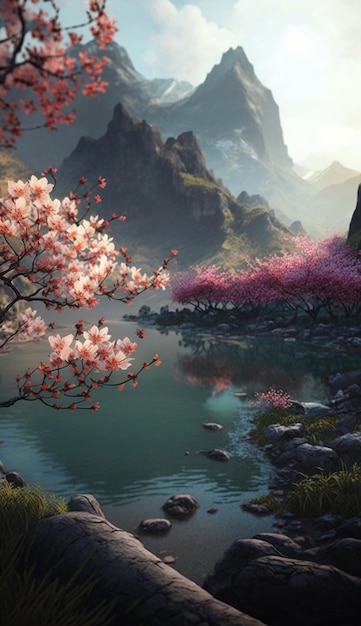 Peinture d'une scène de montagne avec lac et en arrière-plan ai générative