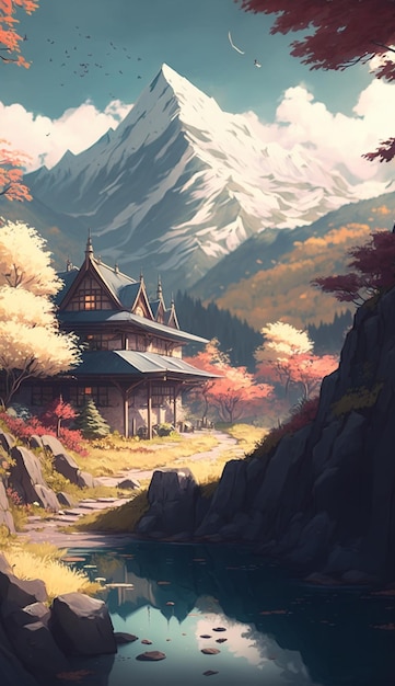 Peinture d'une scène de montagne avec maison et en arrière-plan ai générative