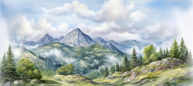 Peinture d'une scène de montagne avec une rivière et des arbres