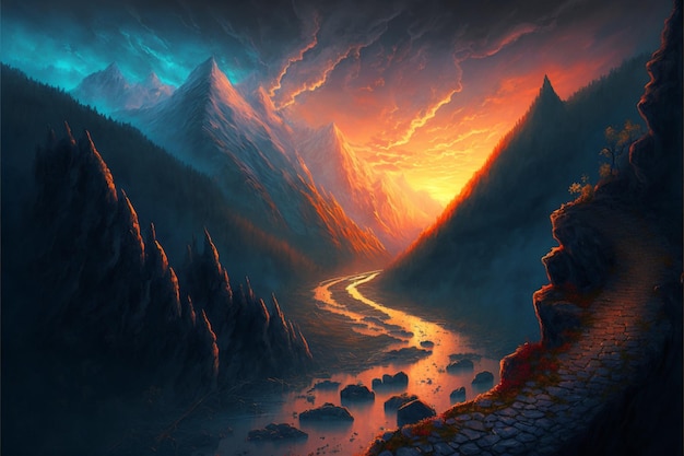 Peinture d'une scène de montagne avec rivière et qui la traverse générative ai