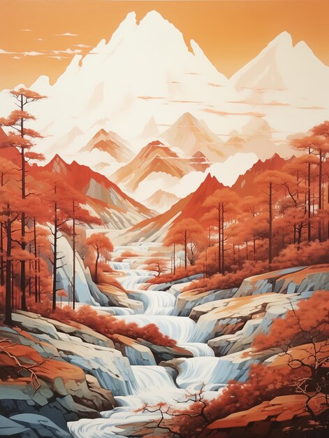 Peinture d'une scène de montagne avec un ruisseau et des arbres