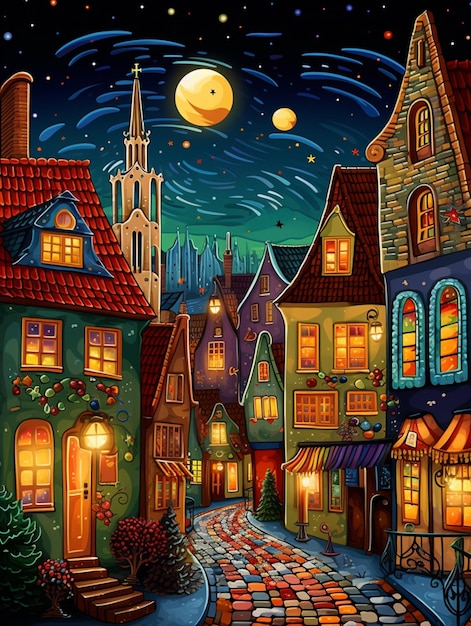 peinture d'une scène nocturne d'une rue de la ville avec un clocher d'église génératif ai