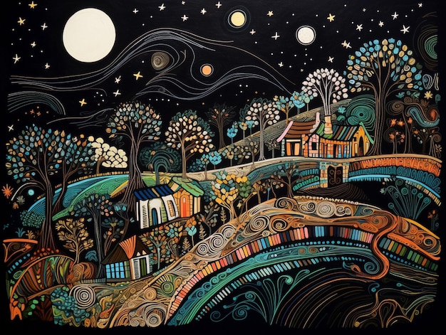 peinture d'une scène nocturne avec un village et une pleine lune générative ai