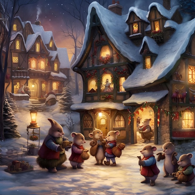 Une peinture d'une scène de Noël avec des souris devant une maison.