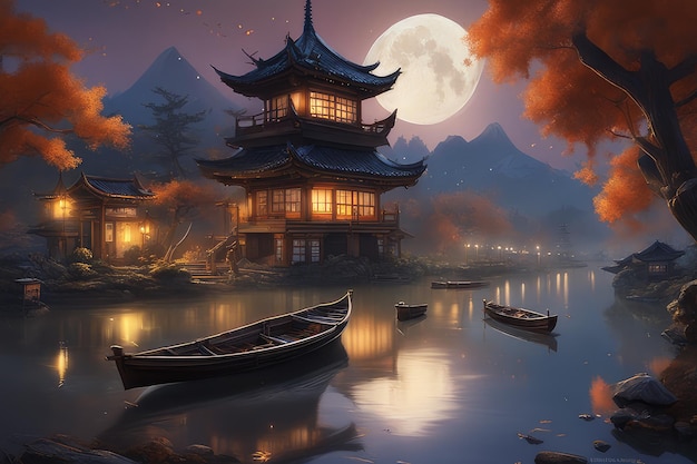 une peinture d'une scène de nuit avec des bateaux dans l'eau