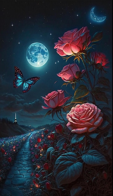 Peinture d'une scène de nuit avec chemin menant à l'IA générative de roses