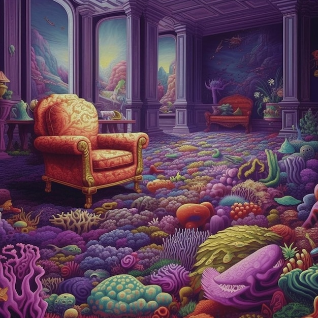 Une peinture d'une scène d'océan colorée avec une chaise et un poisson sur le sol.