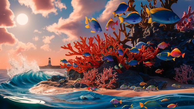 Photo une peinture d'une scène océanique avec un phare en arrière-plan