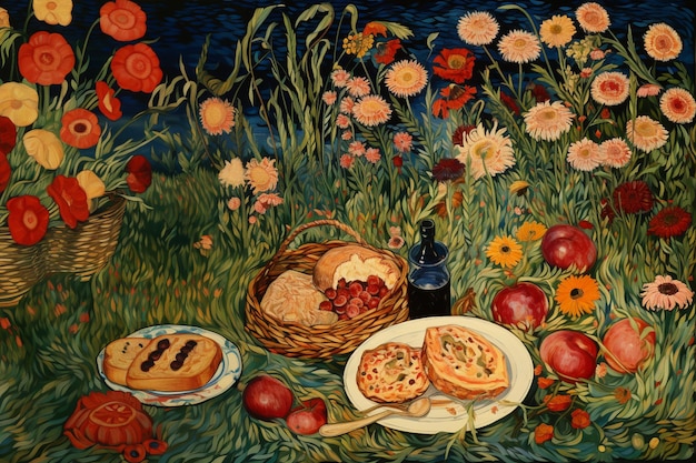 peinture d'une scène de pique-nique avec un panier de fruits génératif ai