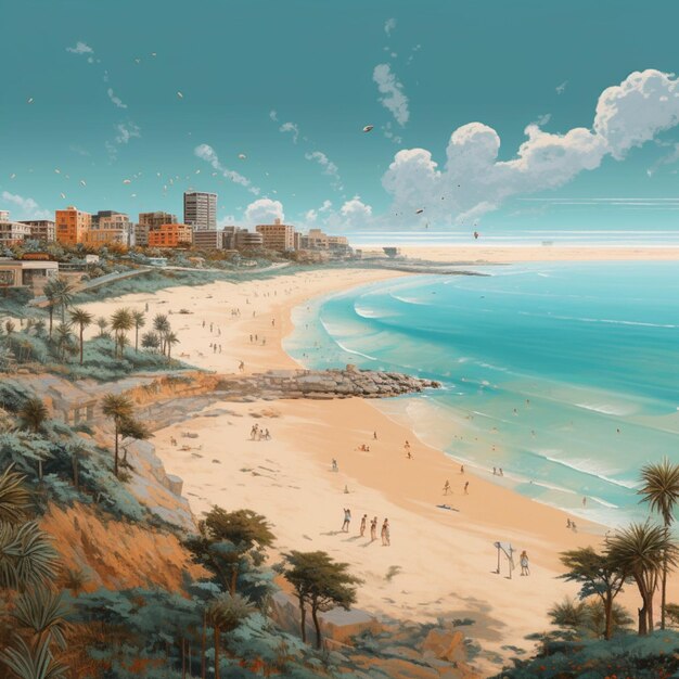 Peinture d'une scène de plage avec des gens marchant sur le sable ai générative