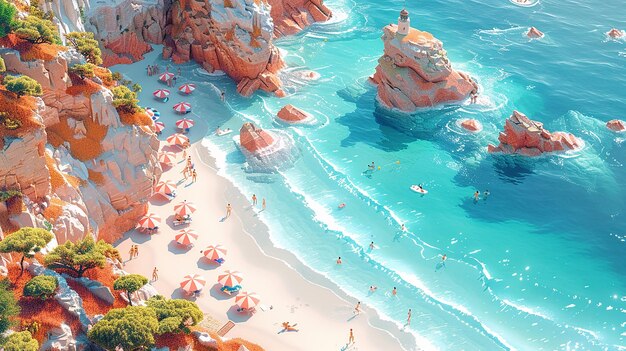une peinture d'une scène de plage avec des gens nageant et une scène de plages