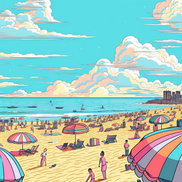 une peinture d'une scène de plage avec des gens sur la plage et un fond de ciel.