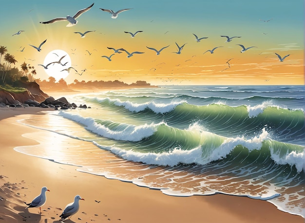 une peinture d'une scène de plage avec des mouettes volant au-dessus de l'eau
