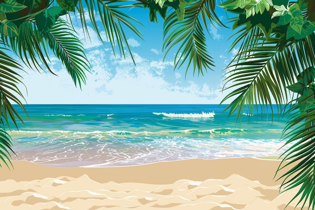 Une peinture d'une scène de plage avec des palmiers et des montagnes en arrière-plan