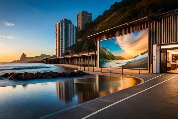 Photo une peinture d'une scène de plage avec une vue sur la montagne en arrière-plan.