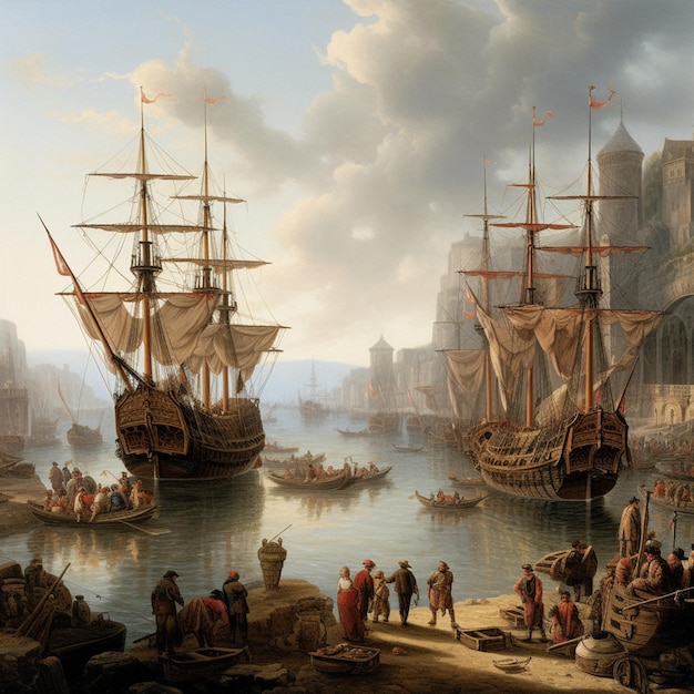 Peinture d'une scène portuaire avec des navires et des personnes sur le rivage ai générative