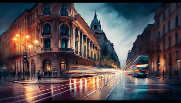 Une peinture d'une scène de rue avec un bâtiment et un bus passant à côté.