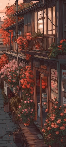 Une peinture d'une scène de rue avec des fleurs et une vitrine.