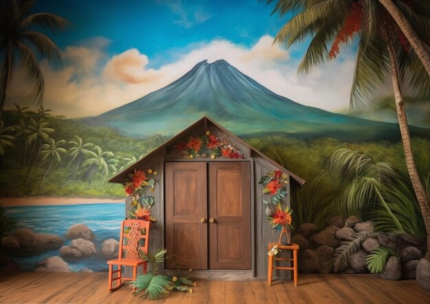 Photo peinture d'une scène tropicale avec une cabane et une montagne ai générative