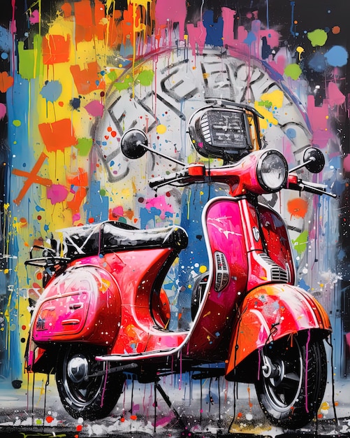une peinture d'un scooter rouge avec le mot s dessus