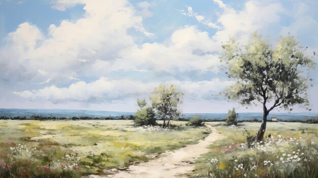 Peinture de sentier de campagne anglais en bleu ciel et blanc vibrant