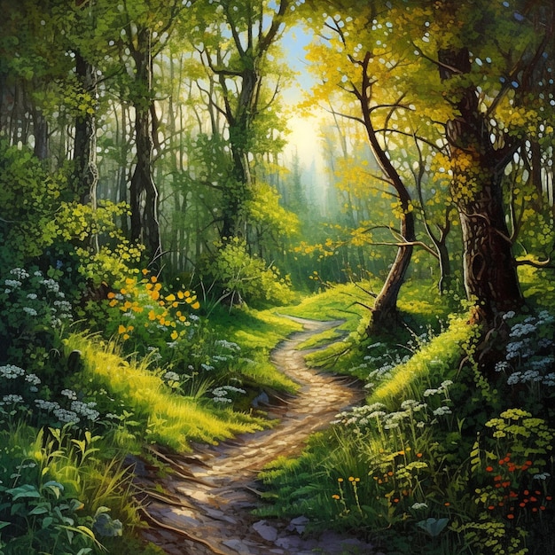 peinture d'un sentier dans une forêt avec un sentier qui le traverse