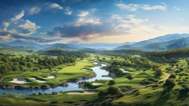 Une peinture sereine d'un parcours de golf niché dans les majestueuses montagnes avec des fairways verts luxuriants et à