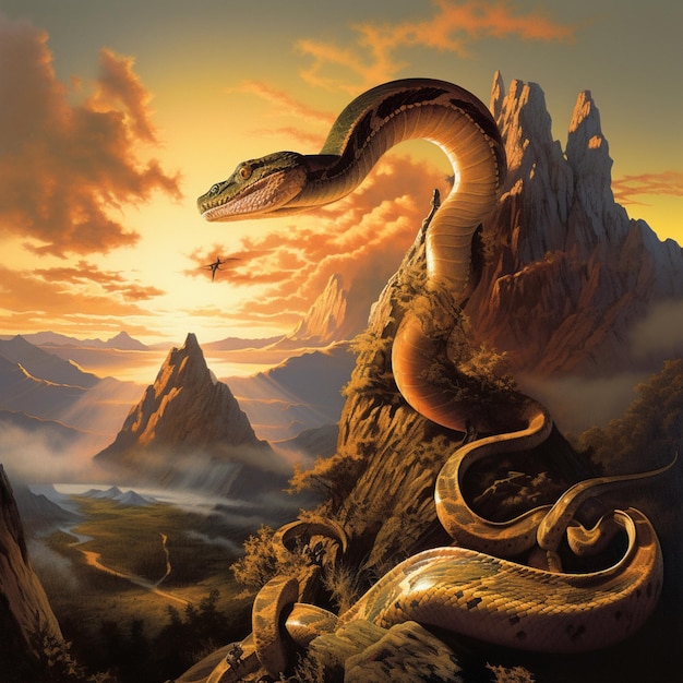 Une peinture d'un serpent avec une montagne en arrière-plan