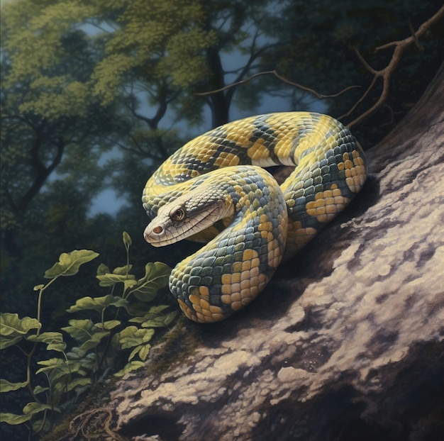 Une peinture d'un serpent sur un tronc d'arbre.