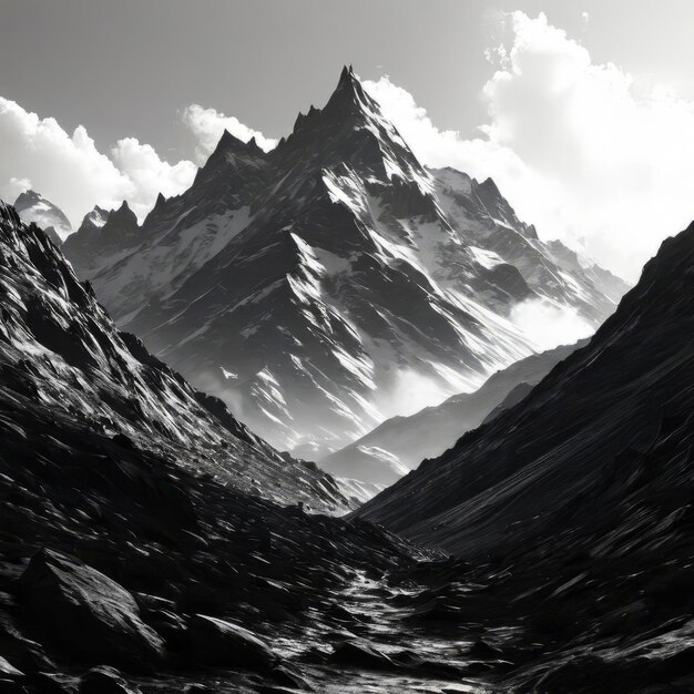 Peinture serrée en noir et blanc capturant des montagnes majestueuses des arbres luxuriants dans un contraste harmonieux Design de logo pour une agence de voyage d'aventure en plein air site Web sur le thème de la nature bannière de médias sociaux T-shirts imprimés