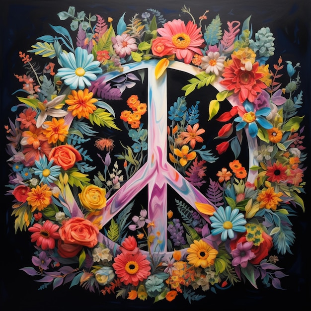 peinture d'un signe de paix fait de fleurs et de rubans