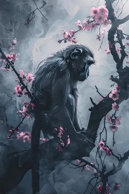 Une peinture d'un singe assis sur une branche d'arbre