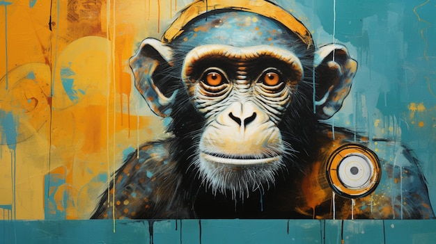 peinture d'un singe avec un casque sur un mur génératif ai