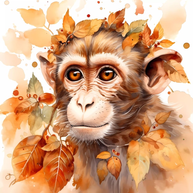 Une peinture d'un singe avec des feuilles d'automne sur la tête