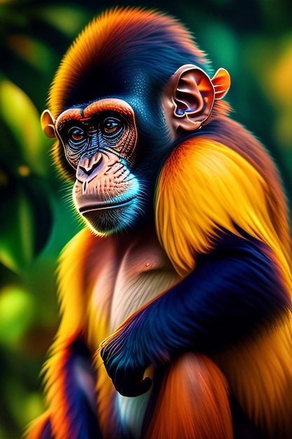 Une peinture d'un singe avec une plume sur la tête