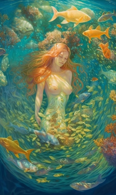 Une peinture d'une sirène avec un poisson dessus