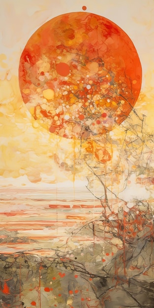 Une peinture d'un soleil et d'un arbre aux couleurs orange et jaune.