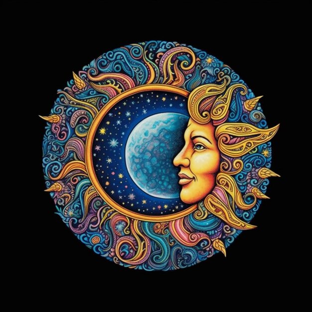 Une peinture d'un soleil et d'une lune avec des motifs tourbillonnants