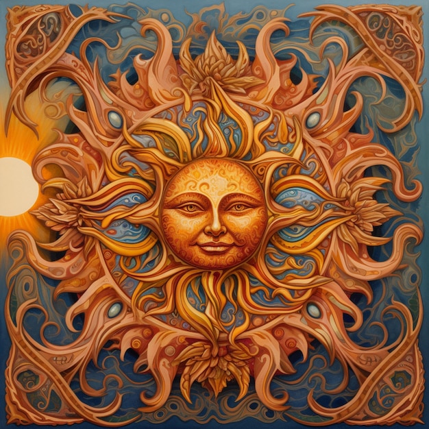 peinture d'un soleil avec un visage entouré de feuilles tourbillonnantes