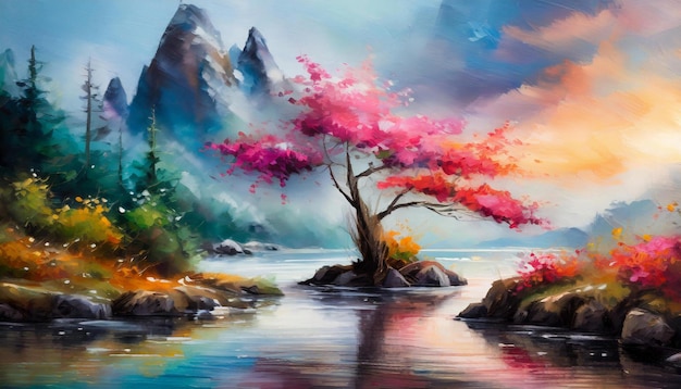 Peinture de sommets de montagnes, de rivières ou de lacs, de la nature en fleurs et d'arbres aux fleurs roses.