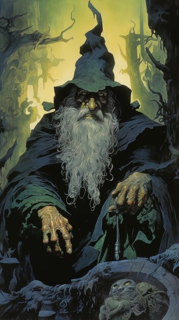 une peinture d'un sorcier avec une barbe pleine et un chapeau